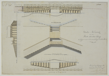 214386 Plattegrond, doorsnede en opstanden van het ontwerp voor een vaste houten brug met aparte brug voor het jaagpad ...